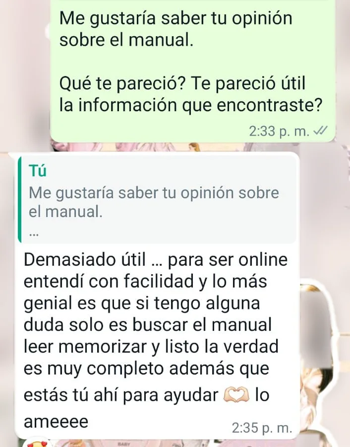 Captura de WhatsApp de una alumna del manual